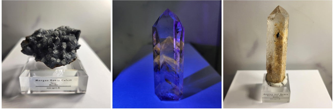 Amethyst in Powellit Anatas auf Quarz und Mangan auf Dogtooth Calcit