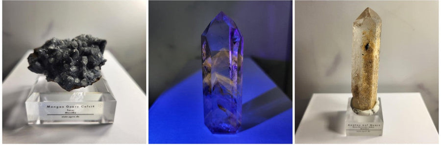 Amethyst in Powellit Anatas auf Quarz und Mangan auf Dogtooth Calcit