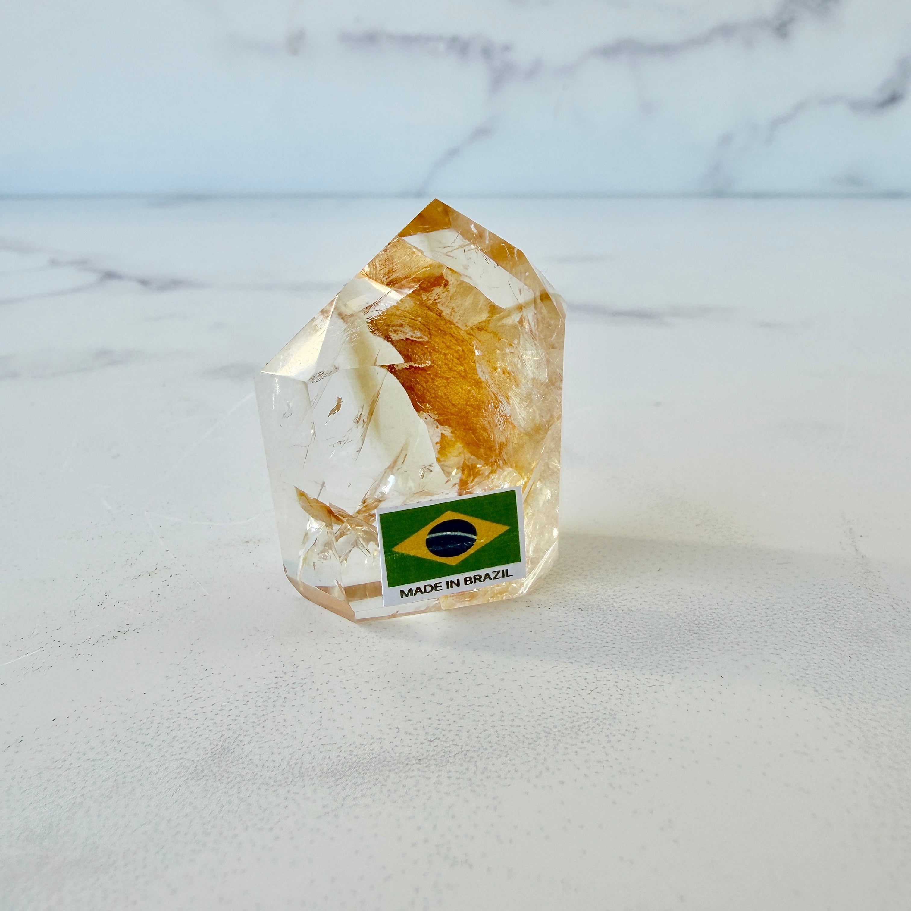 Klarer mini Golden Healer Obelisk mit Regenbögen, Einzelstück