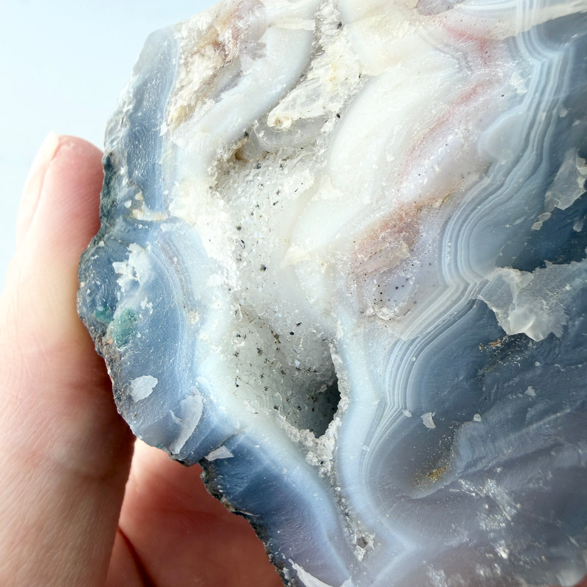 Achat Geode mit Calcit und Quarzdrusen, Achat Anschnitt aus Sidi Rahal, Marokko