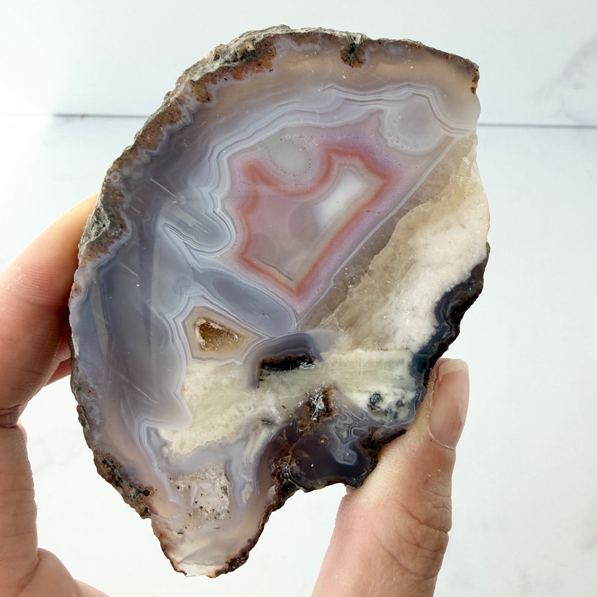 Achat Geode mit Calcit und Quarzdrusen, Achat Anschnitt aus Sidi Rahal, Marokko