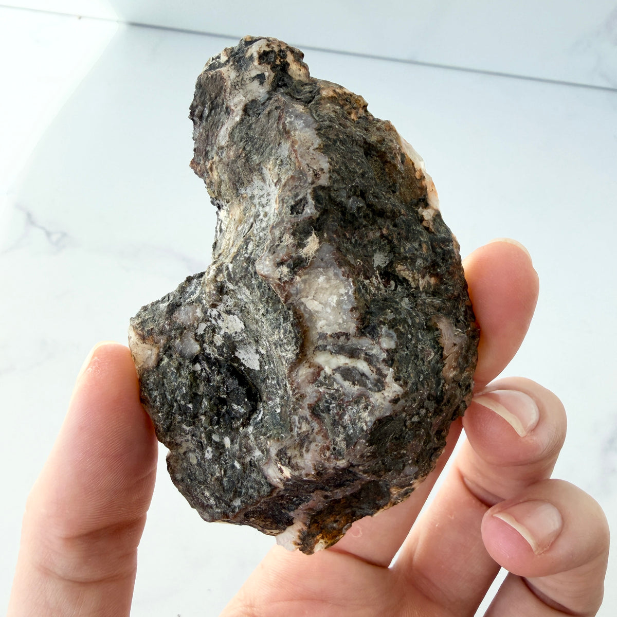 Achat Geode mit Calcit und Quarzdruse, Achat Anschnitt aus Sidi Rahal, Marokko