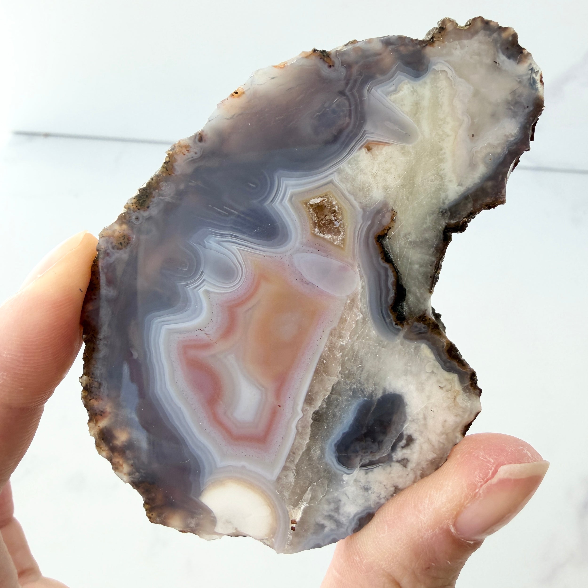 Achat Geode mit Calcit und Quarzdruse, Achat Anschnitt aus Sidi Rahal, Marokko