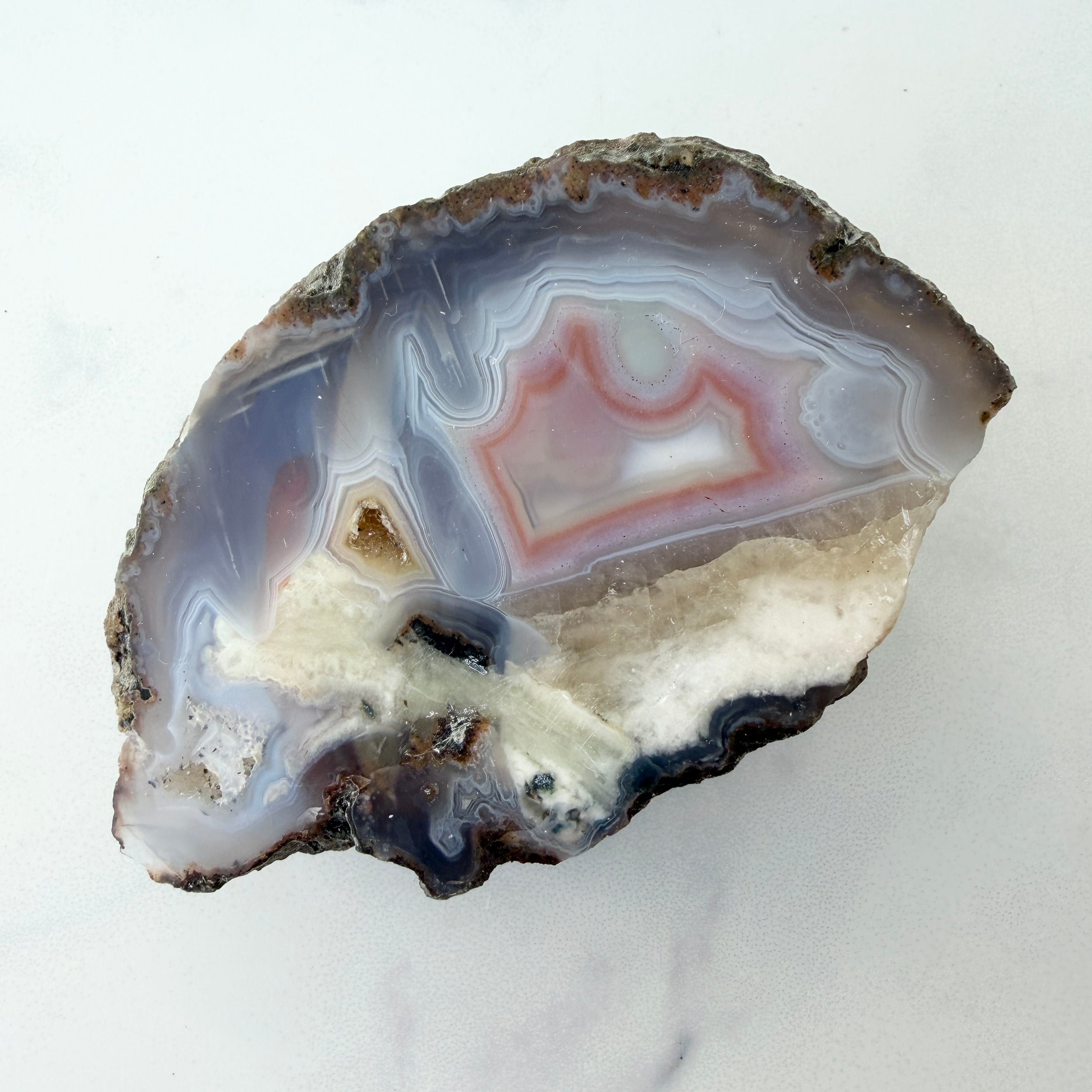 Achat Geode mit Calcit und Quarzdrusen, Achat Anschnitt aus Sidi Rahal, Marokko