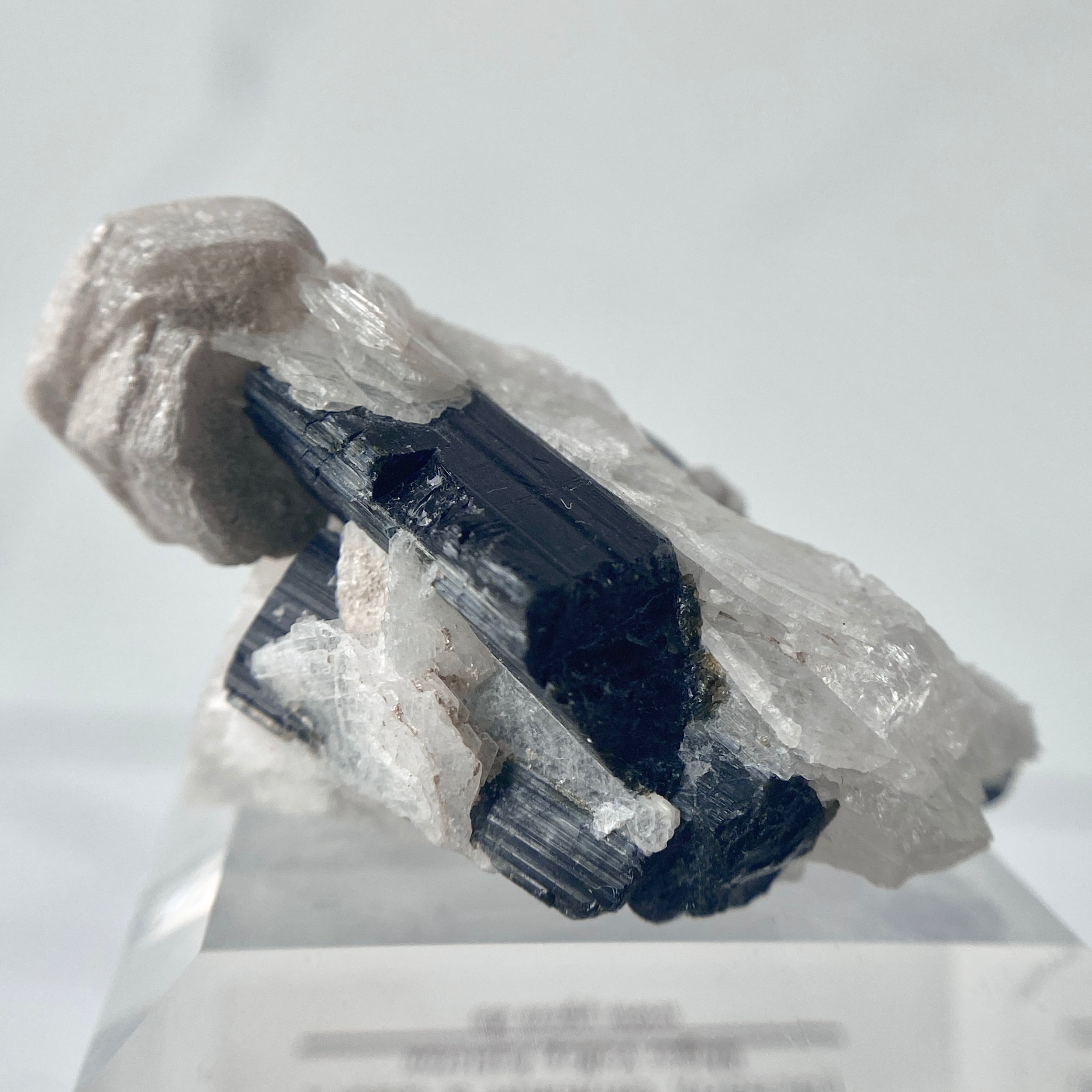 Schwarzer Turmalin (Schörl) mit Quarz, Albit & Glimmer auf Podest