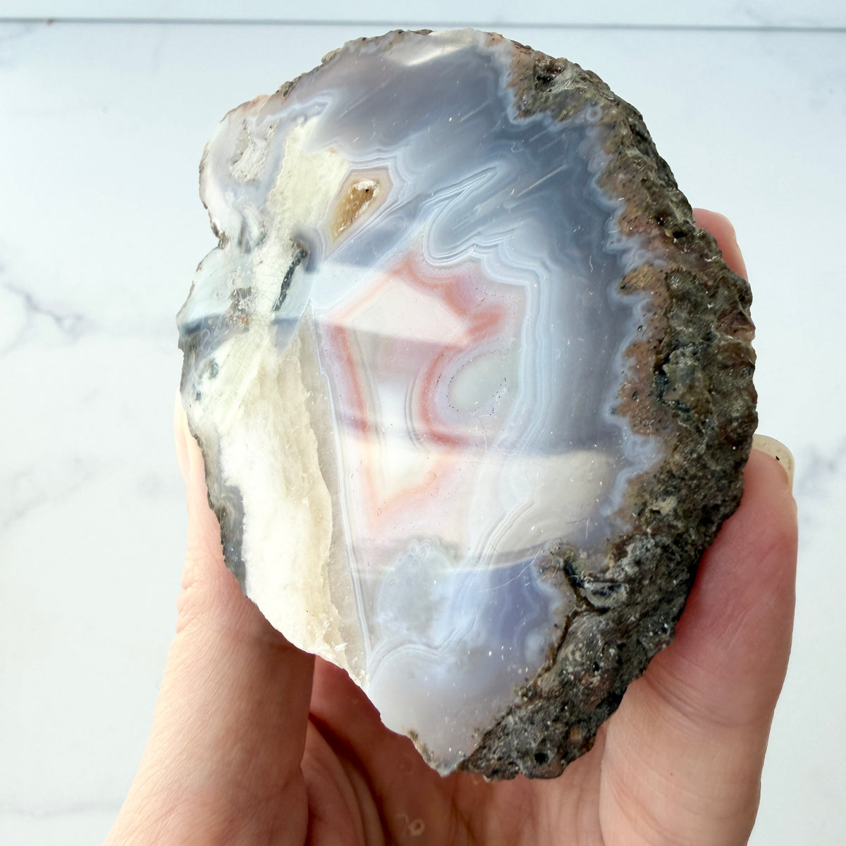 Achat Geode mit Calcit und Quarzdrusen, Achat Anschnitt aus Sidi Rahal, Marokko