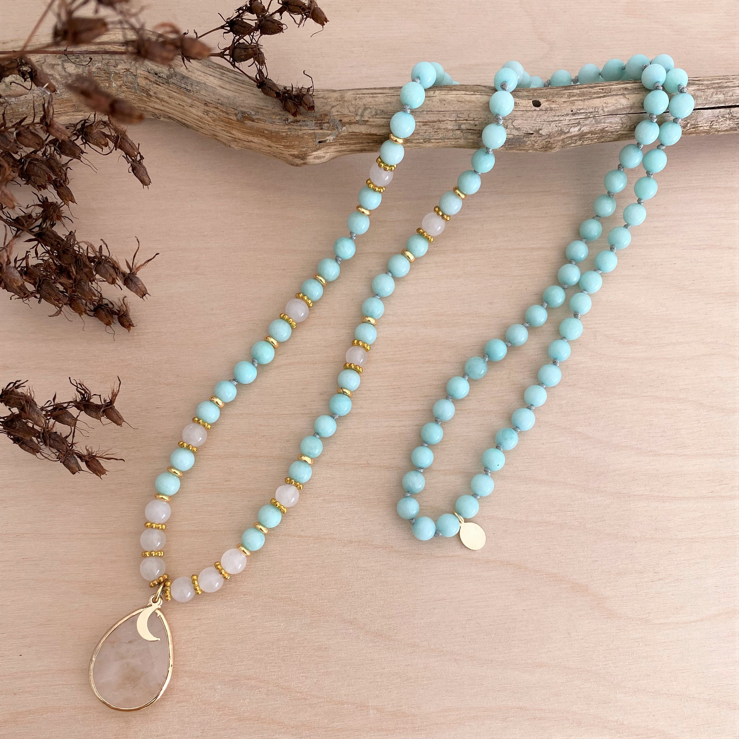 SUMMER SKY Mala | Amazonit &, Bergkristall und Selenit
