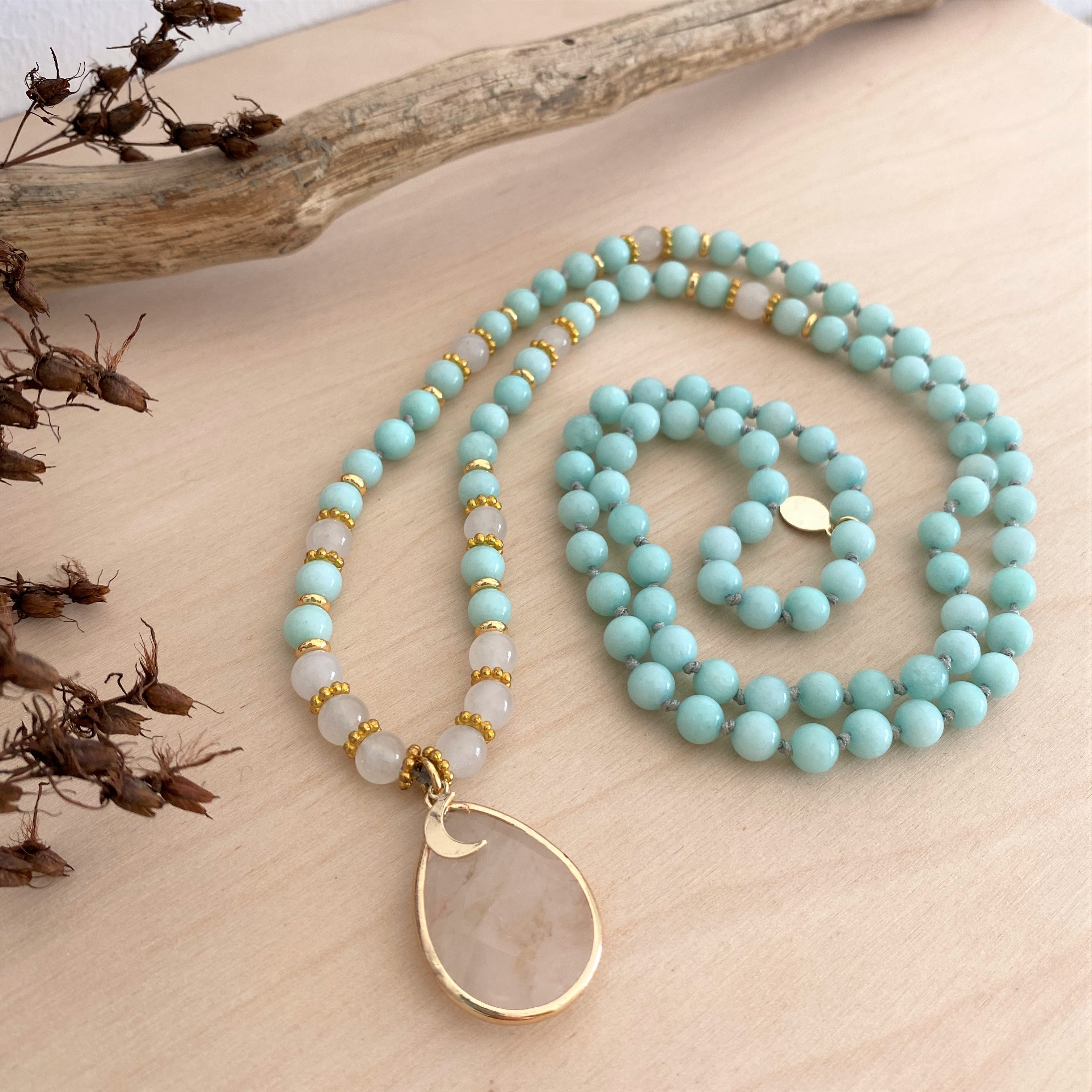 SUMMER SKY Mala | Amazonit &, Bergkristall und Selenit