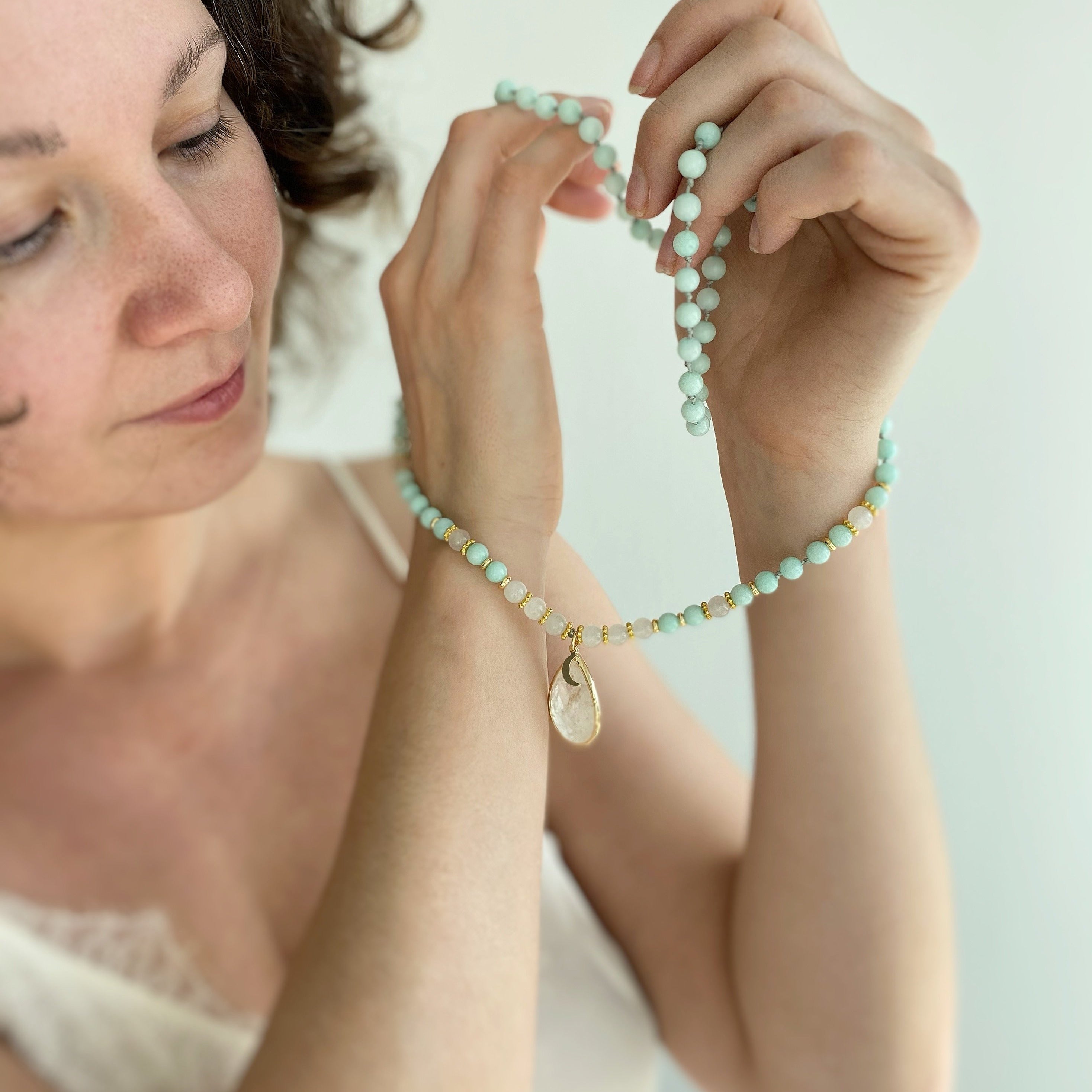 SUMMER SKY Mala | Amazonit &, Bergkristall und Selenit
